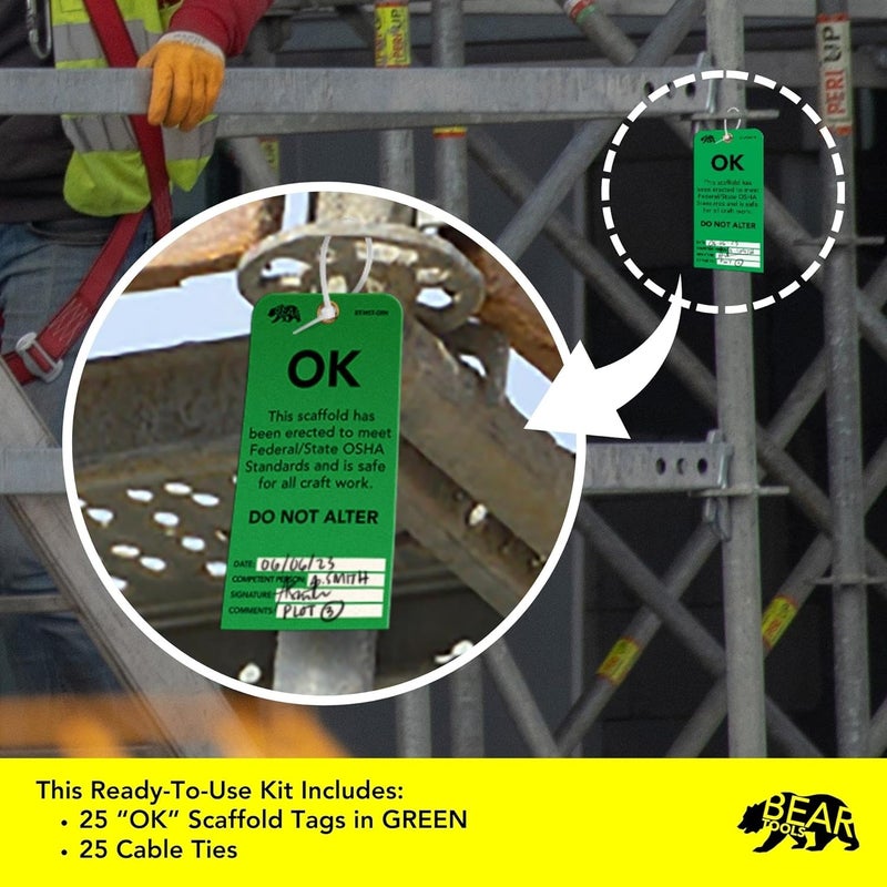 BearTOOLS Scaffold Tags - Safety Inspection Kit with Cable Ties - OK Scaffold Status Warning Sign - Laminated 3 x 6 in, Pack of 25 - Weatherproof, Tear-Resistant - Green Tags - Image 5